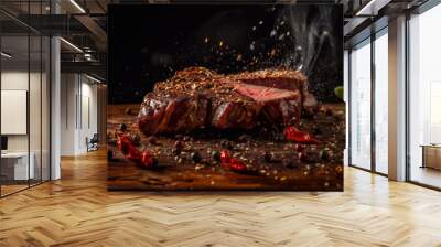 Grilled steak meat piece with spices Smoke, fire. Grilled meat levitation. Generative AI. Wall mural