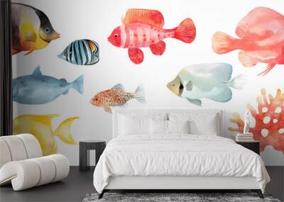 Group of coral reef fish, isolated on plain white Wall mural