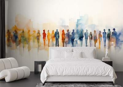 Group of people silhouettes standing in the style of colorful watercolors Wall mural