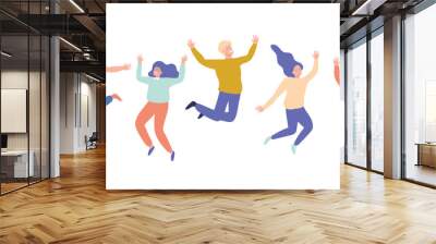 Group of young happy laughing people jumping with raised hands. Students. Vector flat cartoon illustration isolated on white background. Wall mural