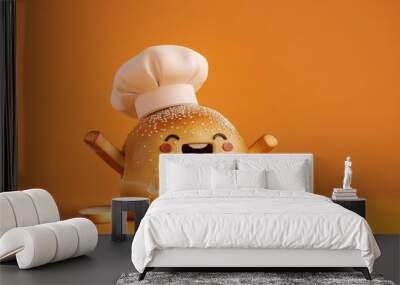 Happy cartoon bread with chef hat on orange background. Wall mural