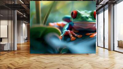 High detailed realistic green frog with red eyes sitting Wall mural