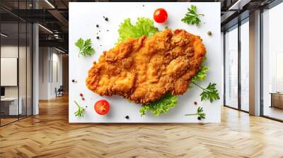 Homemade breaded chicken schnitzel top view isolated on white background Wall mural