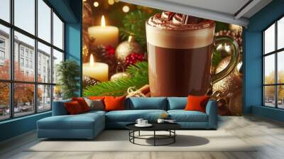 Hot chocolate drink in a transparent glass with the Christmas background. Wall mural