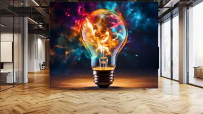 Illuminated light bulb with different colors splashed on it isolated on black background Wall mural