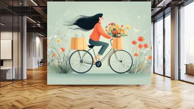 Illustration of woman cycling with flowers and bags Wall mural