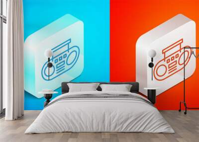 Isometric line Home stereo with two speakers icon isolated on blue and red background. Music system. Silver square button. Vector Wall mural