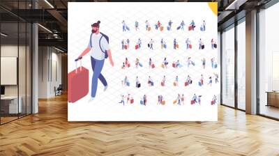 Isometric people in airport vector set. Trip and vacation. Crowd of people with luggage isolated on white background Wall mural