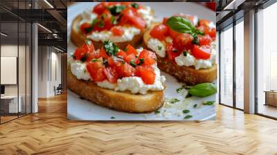 Italian bruschetta with roasted tomatoes, mozzarella cheese commercial advertising photo Wall mural