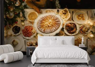 Italian Family Celebrating Christmas with a Festive Feast Wall mural