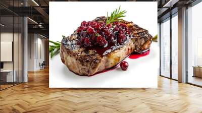 Juicy steak with cranberry sauce isolated on white
 Wall mural