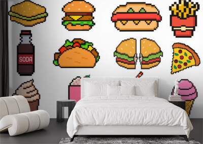 Fast food pixel art set of icons, fast restaurant pixelated elements burger, hot dog, taco, pizza, coffee, soda. Vintage game assets 8-bit sprite.  Wall mural