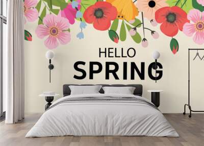 Hello spring. Spring abstract background, banner, poster with spring flowers and leaves. Spring leaves. Modern trendy colorful design. Template for advertising, web, social media. Wall mural