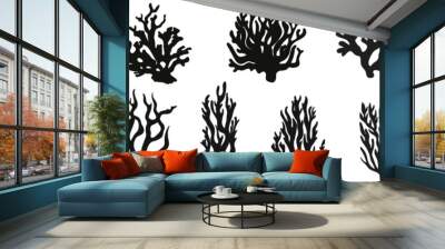 Seaweed silhouettes, coral black icon. Abstract organic shape, underwater plant, matisse element, cute sea doodle. Cartoon marine floral set isolated on white background. Wall mural