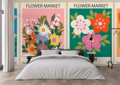 Set of abstract Flower Market posters. Trendy botanical wall arts with floral design in bright colors. Modern naive  funky interior decorations. Vector art illustration Wall mural