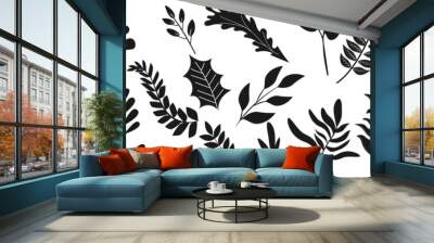 Silhouettes of tropical palm leaves isolated on white background. Exotic plants leaves set. Black leaves palm, fan palm, banana leaves. Nature leaves collection. Vector illustration. Jungle leaves. Wall mural