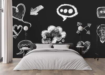 Speech bubble vector set, texture comic talk balloon doodle kit, hand drawn crayon cloud message. Speak dialog communication frame, hearts, arrow, question. Chalk marker speech bubble drawing box Wall mural