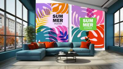 Summer bright illustrations set for poster, card, cover, label, banner in modern minimalist style with overlay effect. Modern simple summer design templates with tropical leaves and plants. Vector Wall mural