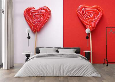 Two heart-shaped lozenges on a red and white background. Wall mural