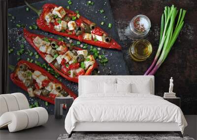 Kapi red peppers stuffed with feta cheese and olives. Keto diet. Colorful and healthy vegetarian lunch or dinner. Wall mural