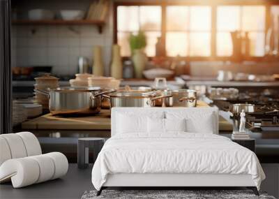 Kitchen stove near the window at sunny day. Modern kitchen interior Wall mural