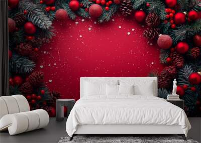 Christmas holiday background with red ornaments, green branches on red background. Generative AI Wall mural