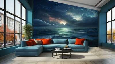 Cloudy night ocean landscape with the Moon and stars. AI generated. Wall mural