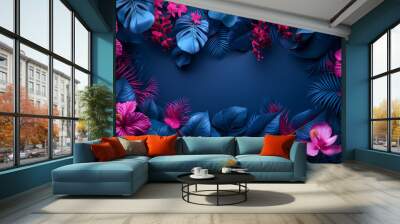 Neon tropical plants wallpaper with vibrant foliage on deep blue background. Generative AI Wall mural