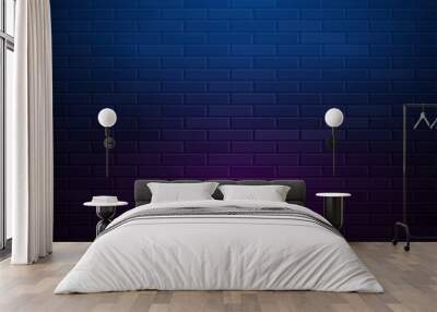 Retro Abstract Blue And Purple Neon Lights On Black Brick Wall Wall mural