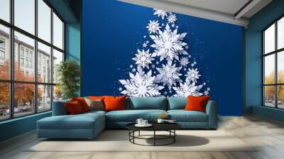 Vector Christmas and Happy New Year holidays greeting card with Christmas tree made of white realistic 3d paper cut layered snowflakes on dark blue background Wall mural