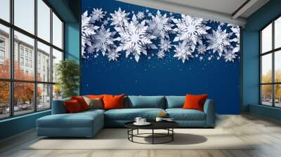 Vector Merry Christmas and Happy New Year greeting card design with white layered paper cut snowflakes on dark blue background. Seasonal Christmas and New Year holidays paper art banner, poster Wall mural