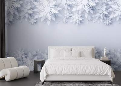 Vector Merry Christmas and Happy New Year greeting card design with white realistic 3d layered paper cut snowflakes. Seasonal Christmas and New Year holidays paper art background Wall mural