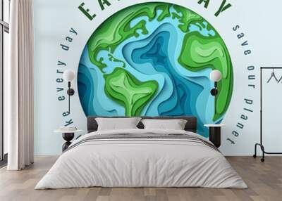 World Earth day concept. 3d paper cut eco friendly design. Vector illustration.  Paper carving Earth map shapes with shadow. Save the Earth concept. April 22 Wall mural