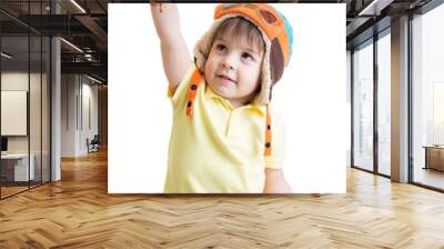 happy kid boy pilot and playing with wooden airplane toy Wall mural