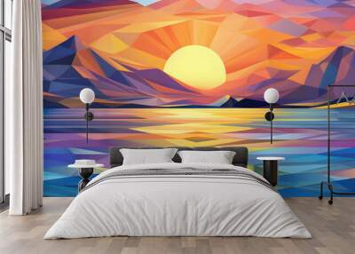 Landscape with mountains and sea or ocean sunset in soft cubism style  Wall mural