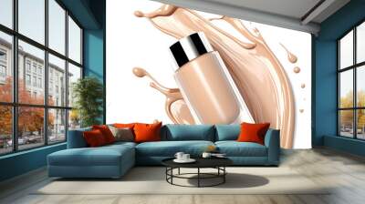 Liquid makeup foundation bottle with cosmetic cream splash isolated on transparent background Wall mural