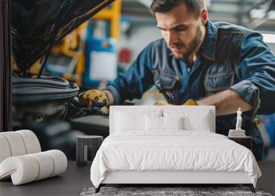 Mechanic Working on Car Engine. Focused mechanic in a workshop, wearing gloves and uniform, working on a car engine with tools. Wall mural