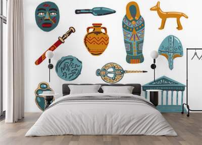 Set of exhibits isolated on white background. Historical museum. Ancient artifacts. Greece, Egypt, Old Rome. Collection of museum pieces. Vector illustration. Flat style. Wall mural