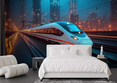 Modern bullet train speeding through vibrant urban night Wall mural