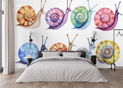 Multicolored snail watercolor collection isolated on white background Wall mural