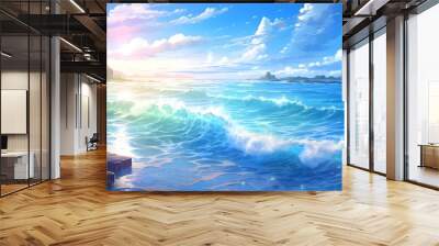 Ocean in blue and white in the style of anime art created with Generative AI technology   Wall mural