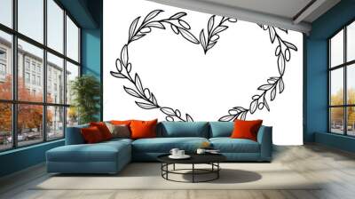 Olive branch with berry heart frame. Line art floral wreath. Hand drawn ink illustration. Wall mural