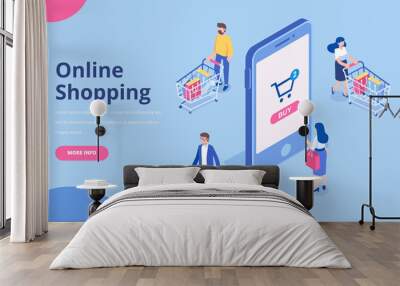 Online shopping isometric concept. Big Sale. Young Women and men characters with shopping bags and shopping carts. Flat vector illustration. Wall mural