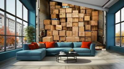 Open cargo area of a delivery truck full of various sized cardboard boxes, depicting logistics. Wall mural