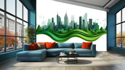 Paper cut green city panorama banner, isolated on a white background Wall mural