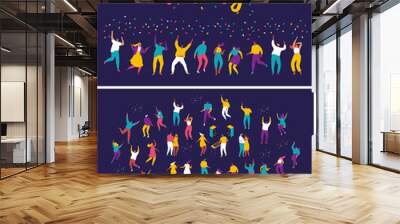 Party people. Large group of male and female cartoon characters having fun at party. Crowd of young people  dancing at club or music concert. Flat colorful vector illustration on dark background. Wall mural