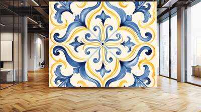 Pattern of azulejos tiles. Rustic blue and yellow tile watercolor seamless pattern  Wall mural