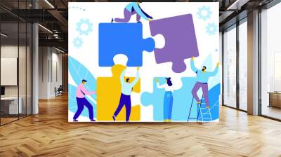 People connecting puzzle elements. Business concept. Partnership. Team working, illustration in flat design style.	
 Wall mural