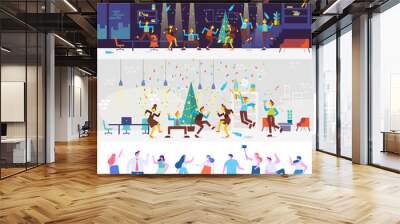 People have a Christmas party in office. They dancing , having fun and drinking alcohol at a party. Holiday event. Cartoon style, flat vector illustration. Wall mural