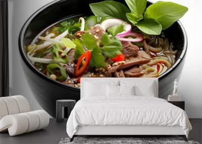 Pho Bo Vietnamese soup with beef and rice noodles on a white background, close-up Wall mural